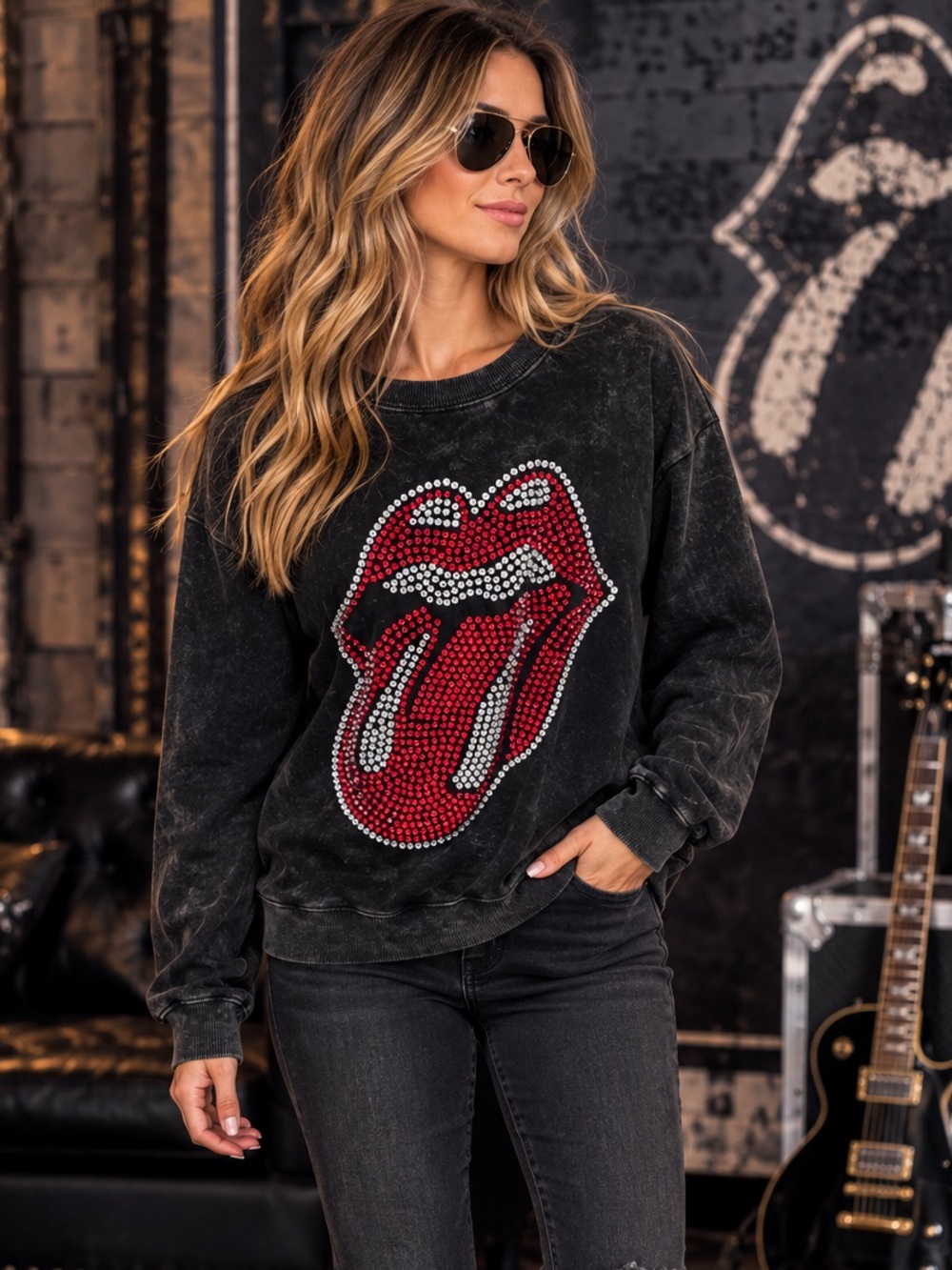 The Rolling Stones Oversized Black Crewneck Sweatshirt – Crystal Tongue Graphic